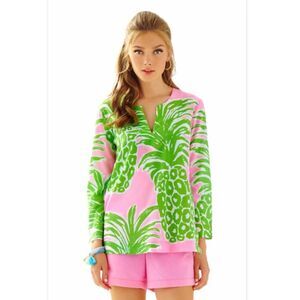 Lilly Pulitzer Amelia Island Green and Pink Pout Flamenco Pineapple Tunic Top XS
